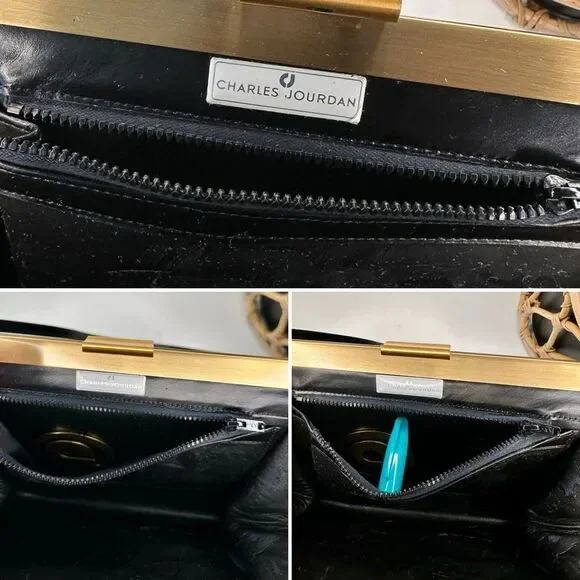 Vintage Charles Jourdan Black Suede Frame Bag Gold Hardware Clutch Leather Strap - Picture 6 of 10